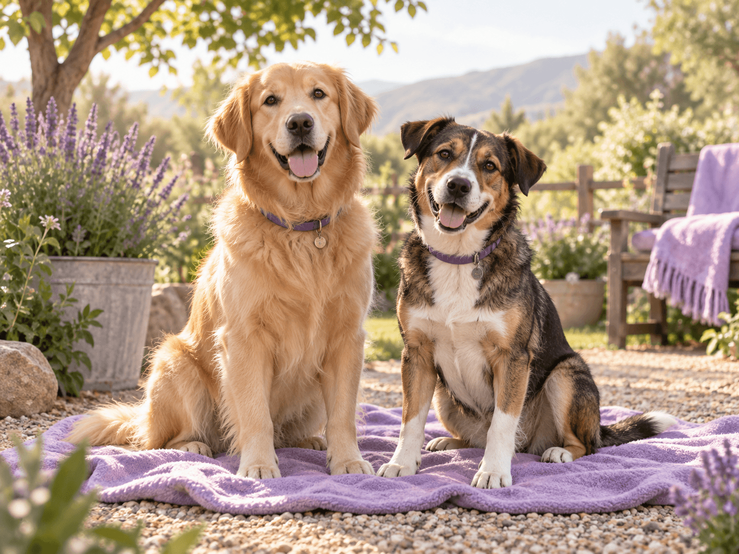 Dos perros rescatados esperando un hogar en un jardín de acogida